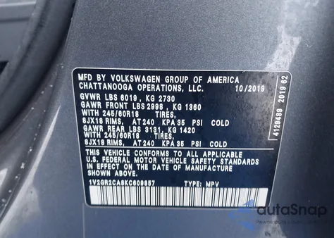 2019 Volkswagen Atlas 3.6L V6 S из США, поврежденный, VIN 1V2GR2CA8KC609857